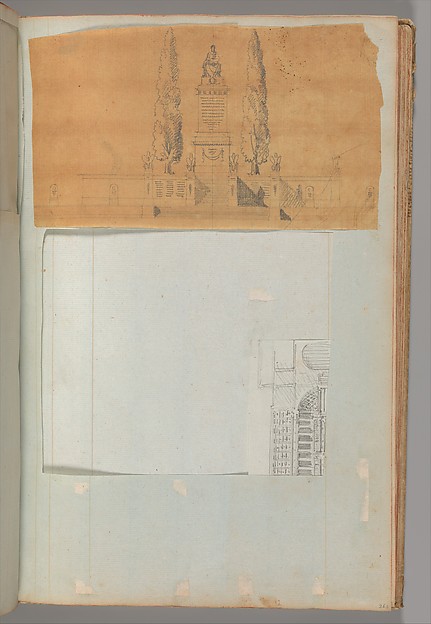 Page from a Scrapbook containing Drawings and Several Prints of Architecture, Interiors, Furniture and Other Objects