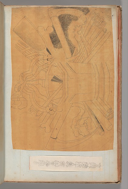 Page from a Scrapbook containing Drawings and Several Prints of Architecture, Interiors, Furniture and Other Objects