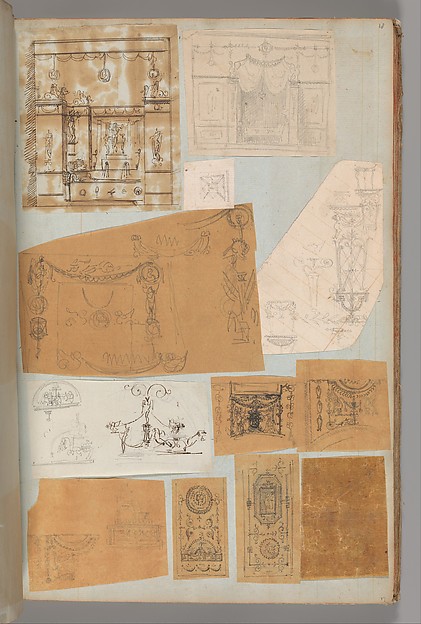 Page from a Scrapbook containing Drawings and Several Prints of Architecture, Interiors, Furniture and Other Objects