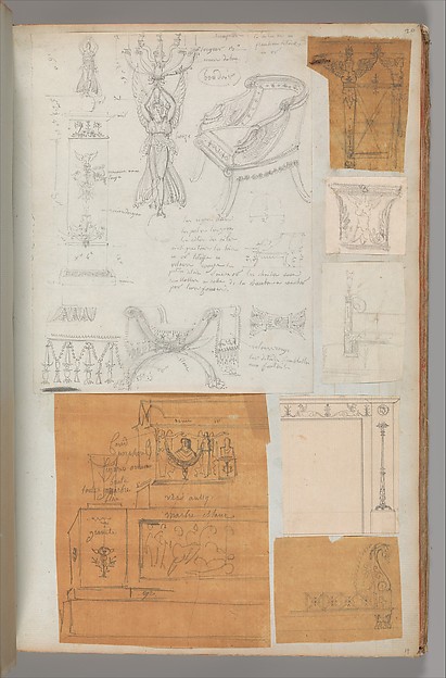 Page from a Scrapbook containing Drawings and Several Prints of Architecture, Interiors, Furniture and Other Objects