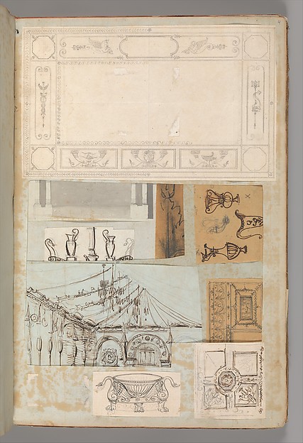 Page from a Scrapbook containing Drawings and Several Prints of Architecture, Interiors, Furniture and Other Objects