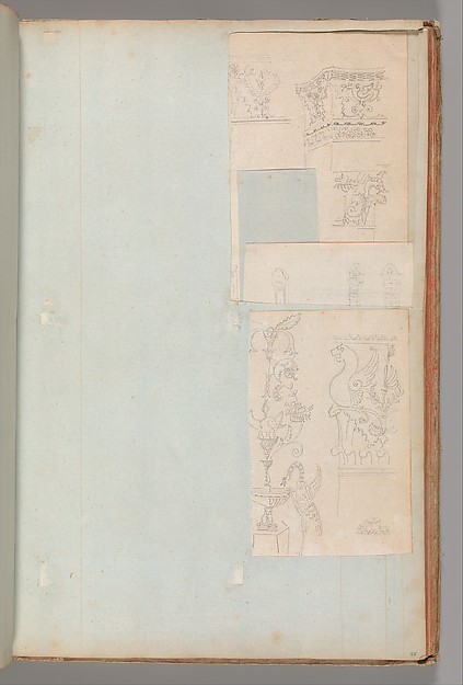 Page from a Scrapbook containing Drawings and Several Prints of Architecture, Interiors, Furniture and Other Objects