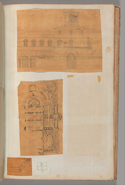 Page from a Scrapbook containing Drawings and Several Prints of Architecture, Interiors, Furniture and Other Objects