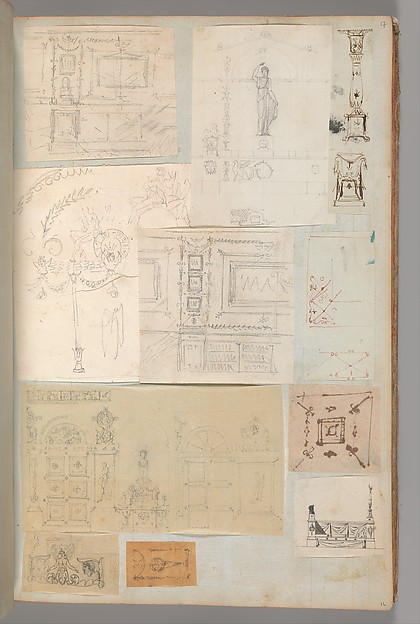 Page from a Scrapbook containing Drawings and Several Prints of Architecture, Interiors, Furniture and Other Objects