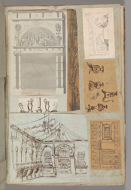 Page from a Scrapbook containing Drawings and Several Prints of Architecture, Interiors, Furniture and Other Objects