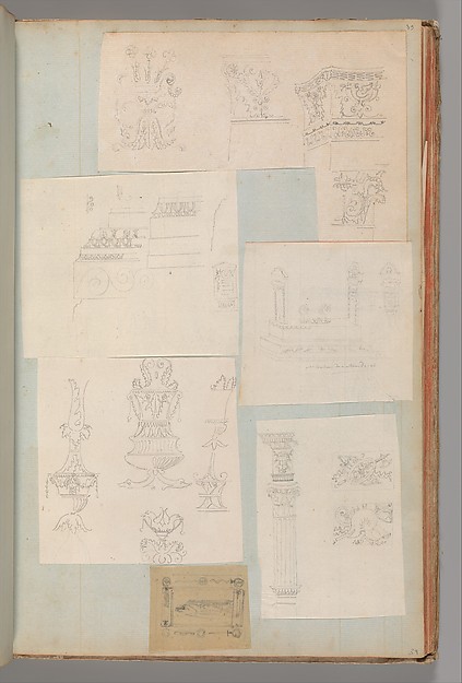 Page from a Scrapbook containing Drawings and Several Prints of Architecture, Interiors, Furniture and Other Objects