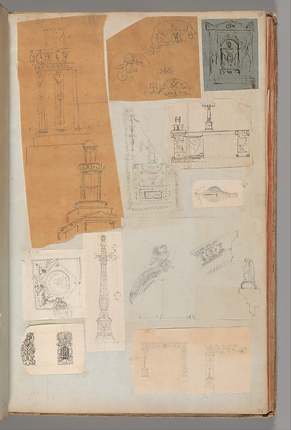 Page from a Scrapbook containing Drawings and Several Prints of Architecture, Interiors, Furniture and Other Objects
