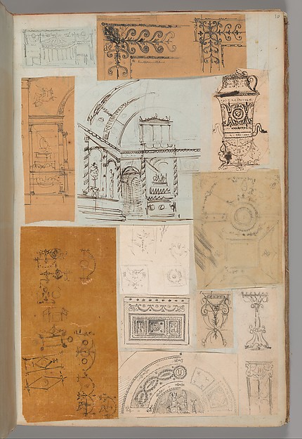Page from a Scrapbook containing Drawings and Several Prints of Architecture, Interiors, Furniture and Other Objects