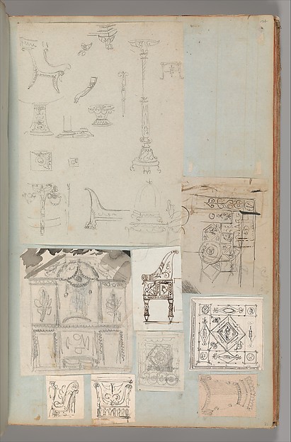 Page from a Scrapbook containing Drawings and Several Prints of Architecture, Interiors, Furniture and Other Objects