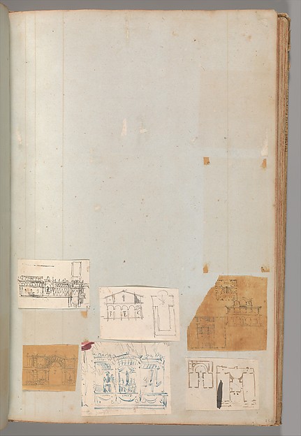 Page from a Scrapbook containing Drawings and Several Prints of Architecture, Interiors, Furniture and Other Objects