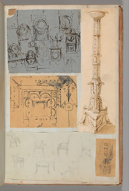 Page from a Scrapbook containing Drawings and Several Prints of Architecture, Interiors, Furniture and Other Objects