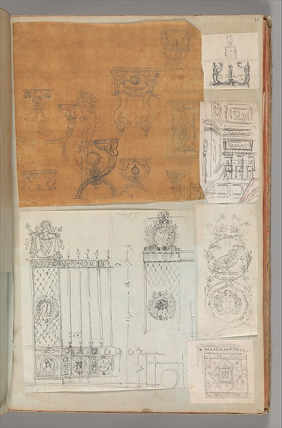 Page from a Scrapbook containing Drawings and Several Prints of Architecture, Interiors, Furniture and Other Objects