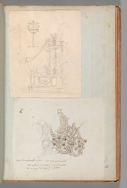 Page from a Scrapbook containing Drawings and Several Prints of Architecture, Interiors, Furniture and Other Objects