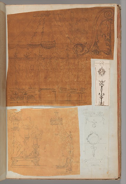 Page from a Scrapbook containing Drawings and Several Prints of Architecture, Interiors, Furniture and Other Objects