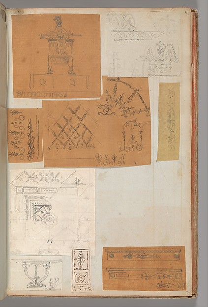 Page from a Scrapbook containing Drawings and Several Prints of Architecture, Interiors, Furniture and Other Objects
