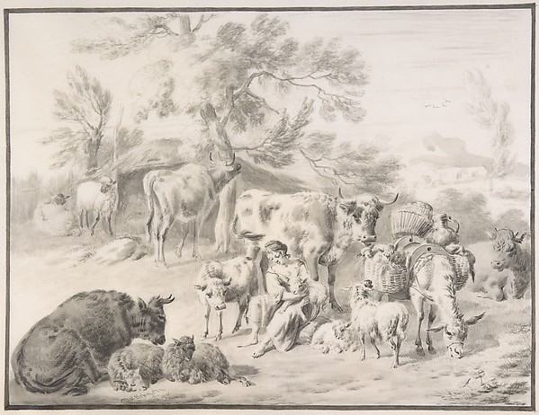 A Herdswoman Seated Amongst Her Animals, with a Lamb in Her Arms