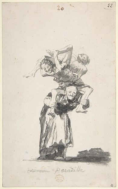 'Nightmare'; an old woman carrying figures on her back; page 20 from the Witches and Old Women  Album (D)