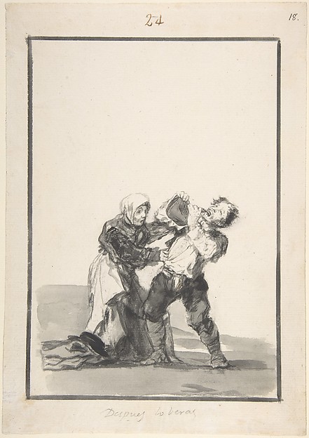 'You'll See Later'; a man drinking, a woman trying to stop him; page 24 from the Black Border Album (E)