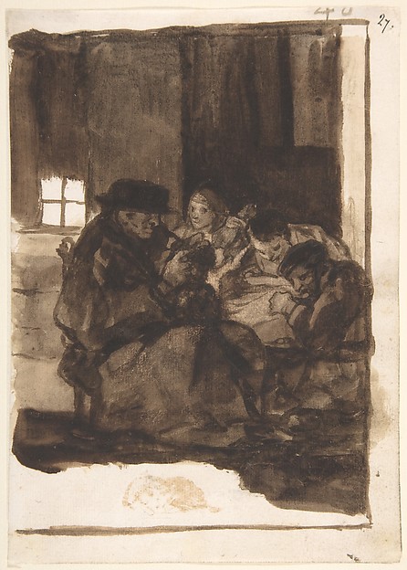 An old man delousing a boy accompanied by three figures, a cat in the foreground; page 40 from the 'Images of Spain Album (F)