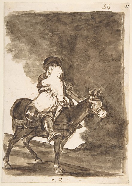 A man and a woman riding a mule; page 36 from the 'Images of Spain' album (F)