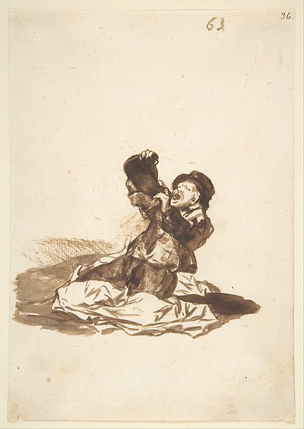 A man on the ground drinking from a wine skin; folio 63 from the Images of Spain Album 'F'