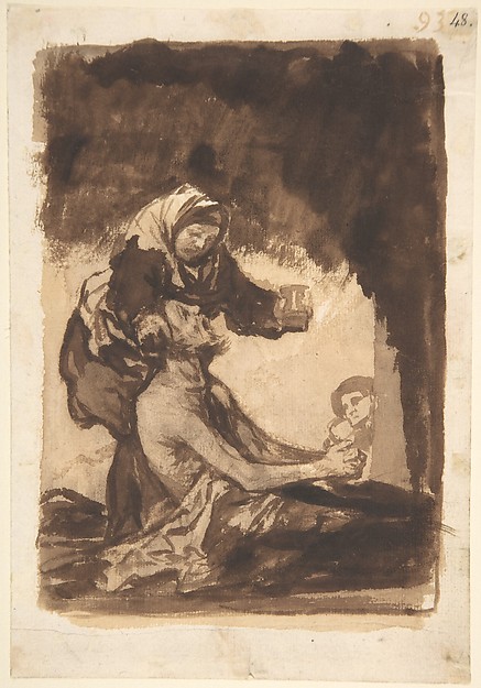 A woman giving a mug to an old man; folio 93 from the 'Images of Spain' Album (F)