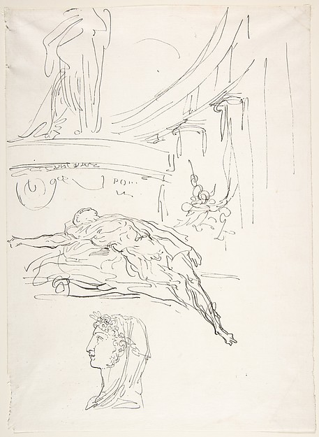 Sheet of Studies, Including a Roman Head, a Male Figure on a Pyre, and a Colonnade.