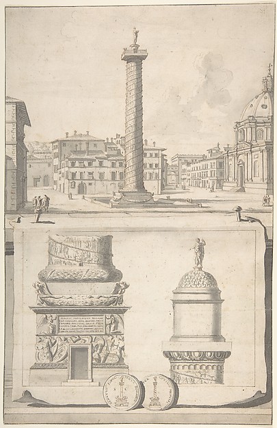 A View of the Column of Trajan (above) with Details (below)