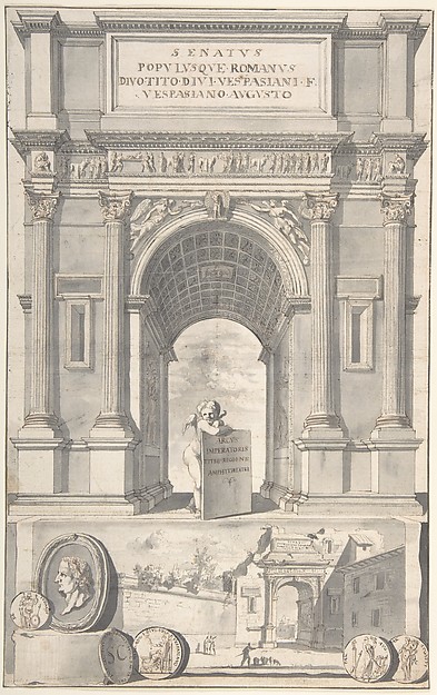 A Reconstruction of the Arch of Titus (above) and a View of the Ruins (below)