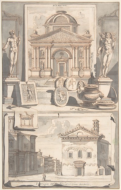 A Reconstruction of the Aerarium (above) and a View of the Ruins (below)