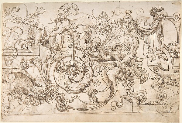 Grotesque panel with satyrs, herms, and strapwork (recto); winged creatures and strapwork (verso)