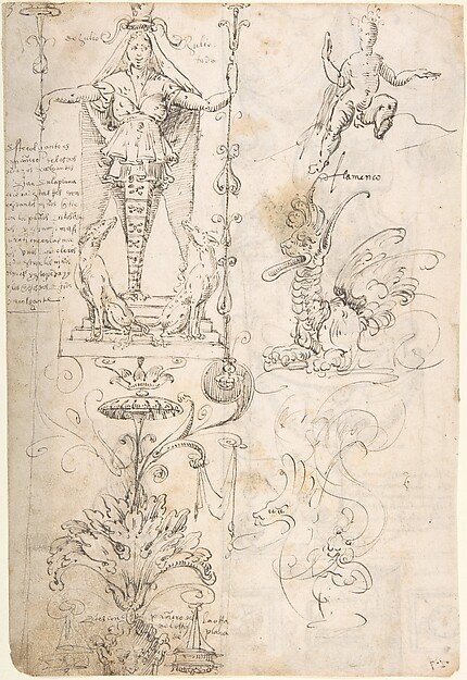 Female Term, seated figure, and fantastical creature (recto); Satyr and study of a woman and child (verso)