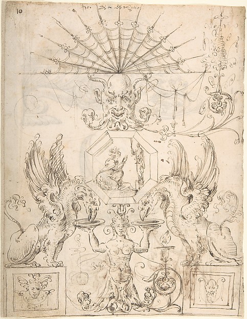 Griffins, female grotesque, mask and figures (recto); two turtle-like creatures and a scene with figures (verso)