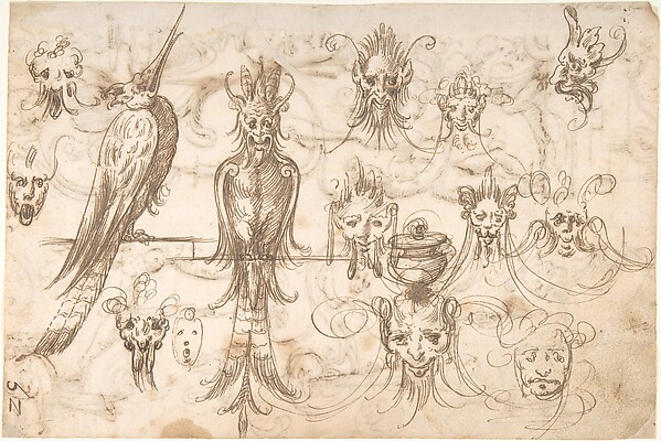 Studies for birds and grotesque masks (recto); candelabra grotesques, ewers and vases (verso)