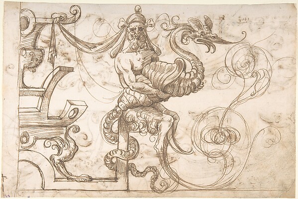 Satyr holding a fantastical creature (recto); Two candelabra grotesques (verso)