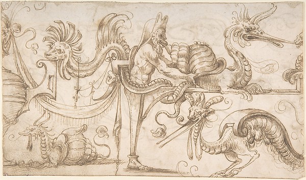Term with snails and strapwork (recto); Candelabra grotesque with two figures (verso)