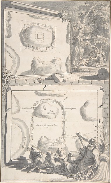 Two Maps of Ancient Rome with a River God and Romulus and Remus
