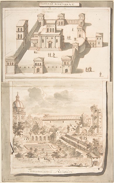 A Reconstruction of the Thermae of Novitian (above) and a View of the Ruins (below)