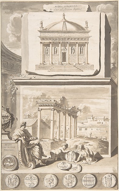 A Reconstruction of the Aedes Concordiae (above) and a View of the Ruins (below)