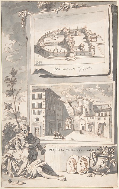 A Reconstruction of the Thermae Agrippae (above) and a View of the Ruins (below)