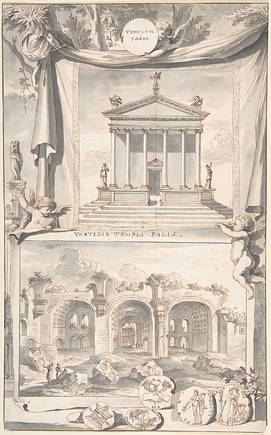 A Reconstruction of the Templum Pacis (above) and a View of the Ruins (below)