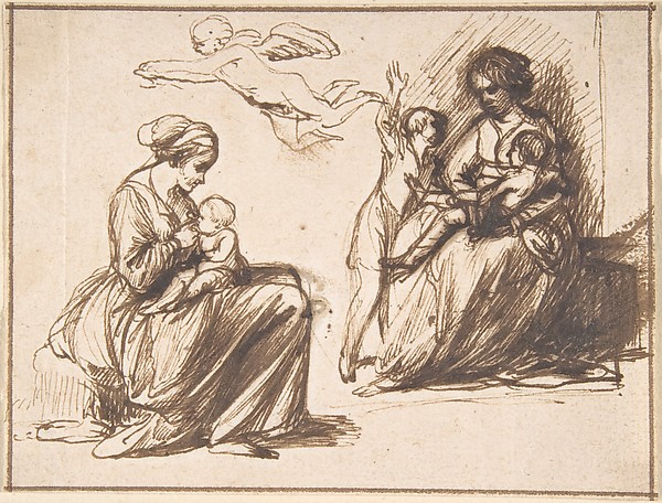 Study Sheet with Two Seated Children and an Angel
