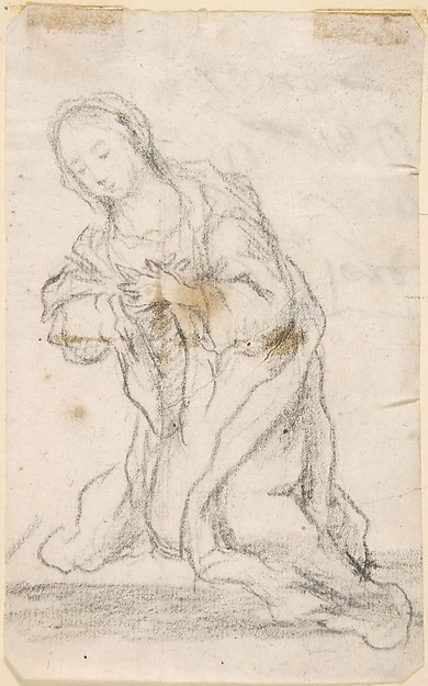 Kneeling Virgin (Virgin Annunciate) (recto); Writing (verso) by Anonymous, Spanish, School of Seville, 17th century