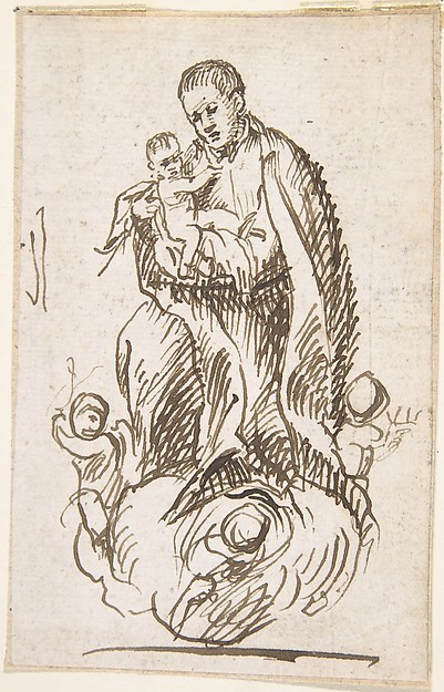 Male Saint (Stanisław Kostka?) standing on clouds supported by putti, holding infant Christ by Pedro  Duque Cornejo