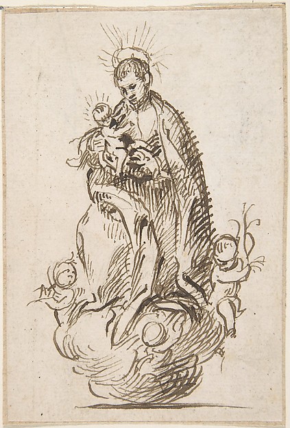 Male Saint (Stanisław Kostka?) standing on clouds supported by putti, holding infant Christ by Pedro  Duque Cornejo