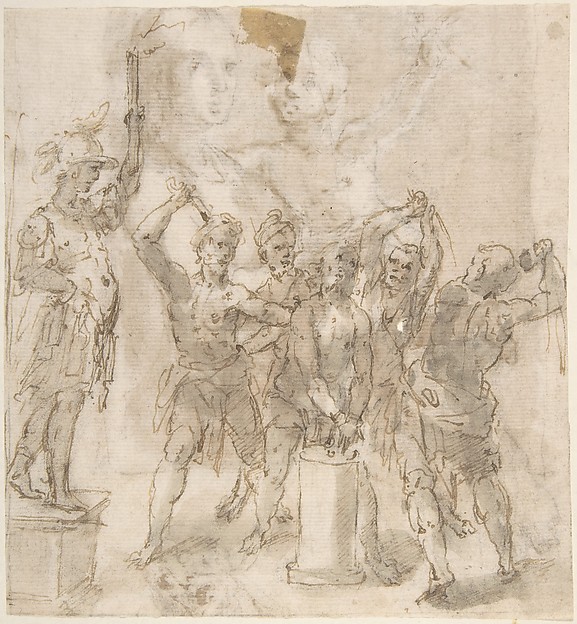 The Flagellation of Christ (recto); Madonna and Child and Unrelated Figure Studies (verso) by Anonymous, Spanish, School of Seville, 17th century