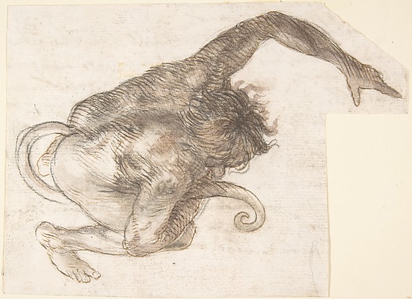 Figure of Fantastic Human-like Creature with Long Tail (recto); Fragment of a Letter or Document (verso)