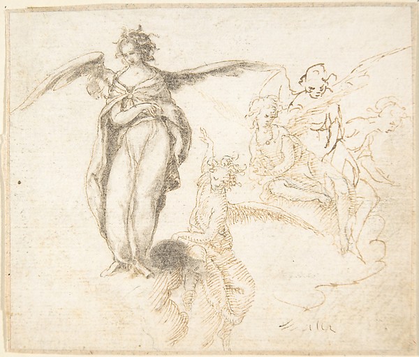 Studies for Five Figures of Angels Standing, and Seated on Clouds