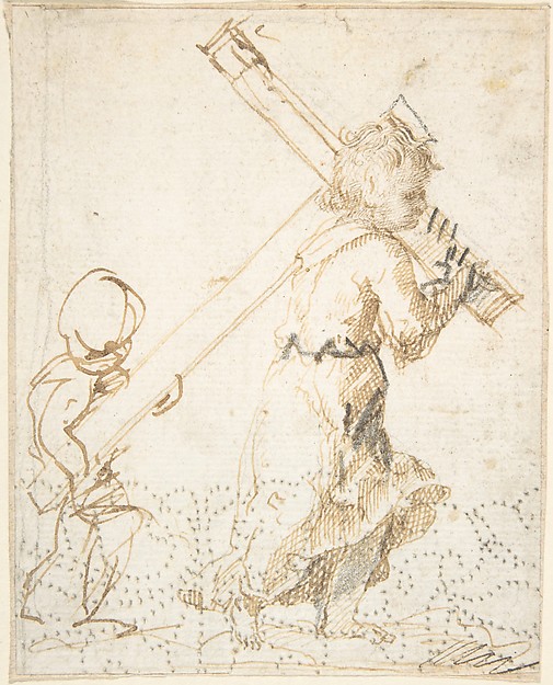 Christ Child and Secondary Child Figure Bearing the Cross (recto); Fragment of Design for Ornamental Border (verso) by Anonymous, Spanish, School of Seville, 17th century