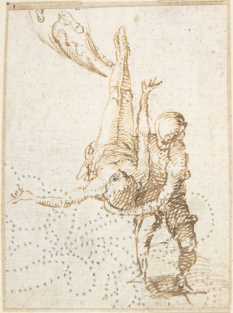Scene of Martyrdom (Crucifixion of Saint Peter?) (recto); Fragment of Design for Ornamental Border (verso) by Anonymous, Spanish, School of Seville, 17th century